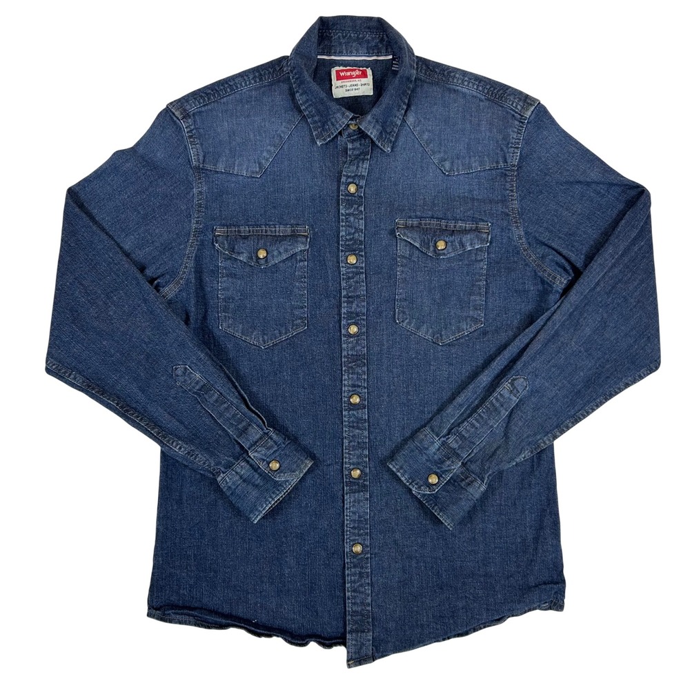 Wrangler Mens Western Denim Shirt Dark Wash Pearl Snap Long Sleeve 112324429 M
